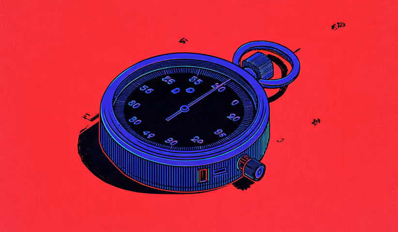 A blue stopwatch against a red background, symbolizing time efficiency and faster workflows after a Shopify redesign.