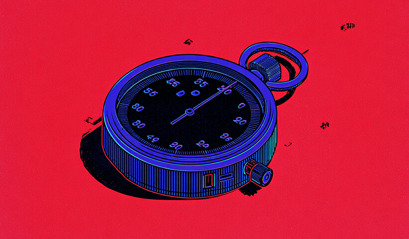 A blue stopwatch against a red background, symbolizing time efficiency and faster workflows after a Shopify redesign.