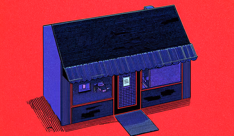 An illustration of a small storefront with blue and black shading on a red background, representing evaluating business impact and retail performance.