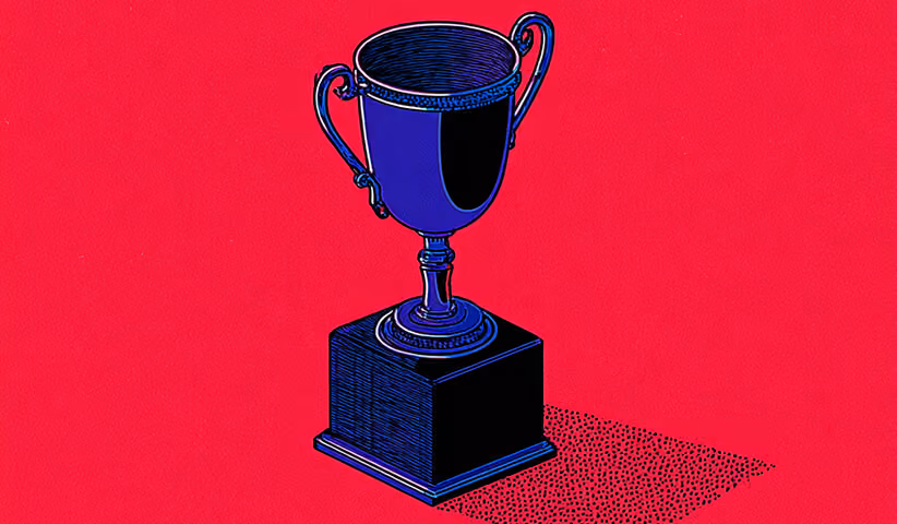 A blue trophy on a red background, symbolizing measurable success and ROI gains from a redesigned Shopify store.