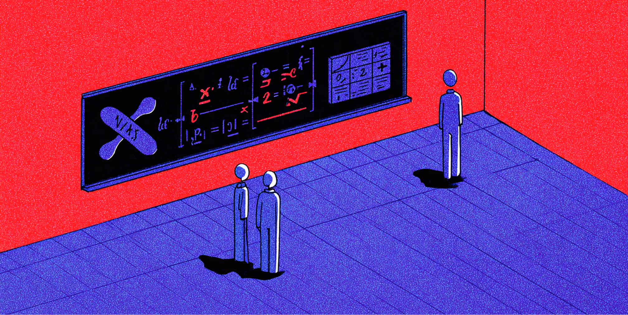 Three people stand in front of a long chalkboard filled with mathematical formulas, representing strategic calculations involved in ROI forecasting.