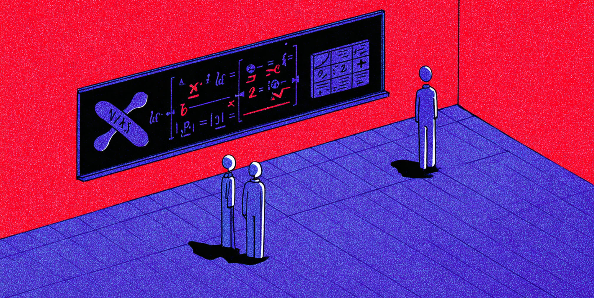 Three people stand in front of a long chalkboard filled with mathematical formulas, representing strategic calculations involved in ROI forecasting.