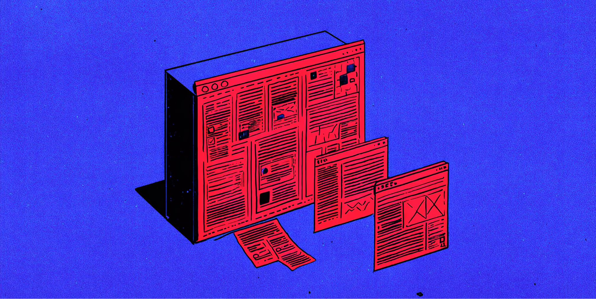 Multiple red browser windows stacked together on a blue surface, symbolizing redesigned pages and improved site architecture after a Shopify overhaul.