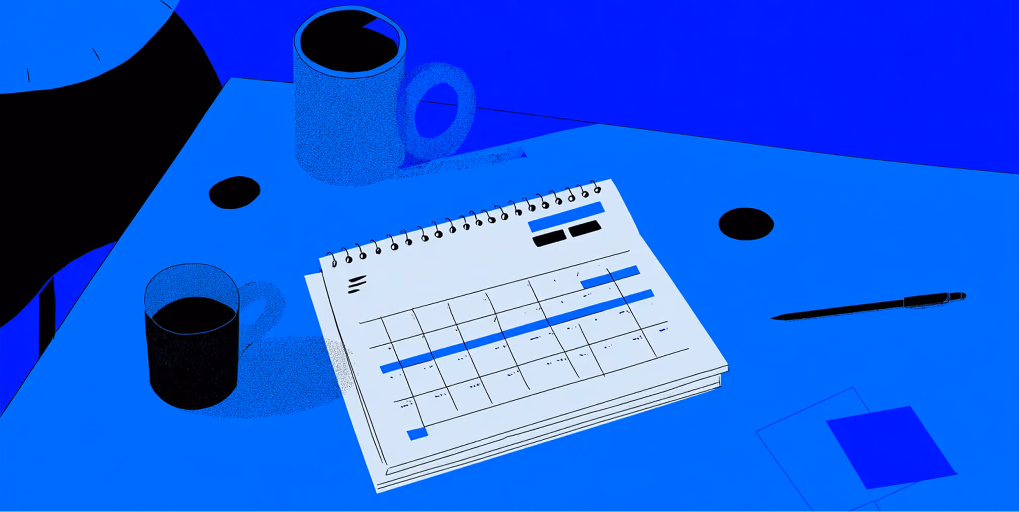 Illustration of a desk with two coffee mugs, a pen, and an open spiral calendar displaying a monthly schedule, all in vibrant blue tones.
