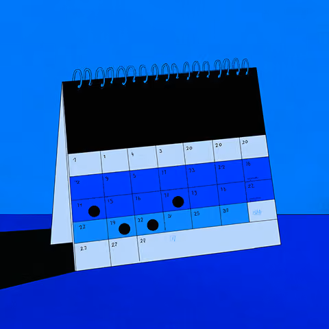 Illustration of a standing desk calendar marked with dates and dots, shown in shades of blue on a minimal background.