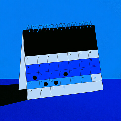 Illustration of a standing desk calendar marked with dates and dots, shown in shades of blue on a minimal background.