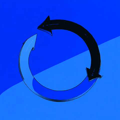 Illustration of two curved arrows forming a continuous loop, symbolizing cyclical processes, in contrasting light and dark blue.