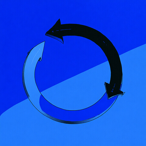 Illustration of two curved arrows forming a continuous loop, symbolizing cyclical processes, in contrasting light and dark blue.