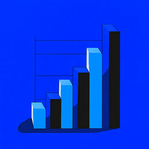Stylized bar chart illustration with rising blue bars against a bright blue background, representing growth or performance metrics.