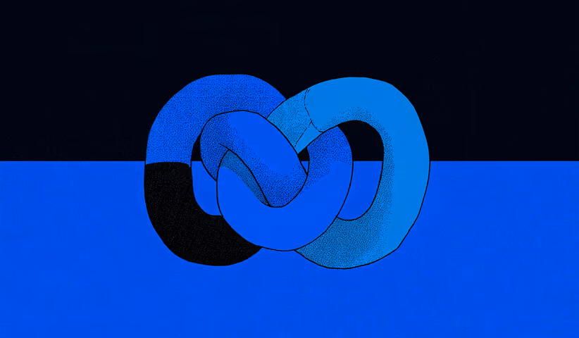 Two interlocked circular loops in blue and black, symbolizing partnership or connection, set against a split dark-and-blue background.