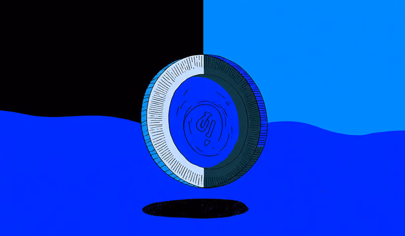 Illustration of a blue coin standing upright with a power-symbol engraving, placed against a half-dark, half-light blue backdrop.