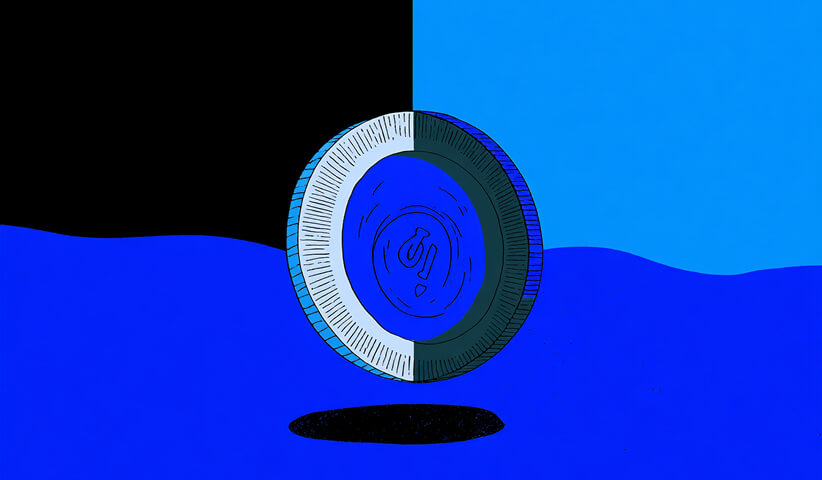 Illustration of a blue coin standing upright with a power-symbol engraving, placed against a half-dark, half-light blue backdrop.