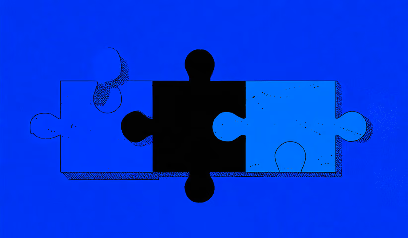 Three connected puzzle pieces in blue and black tones, representing collaboration or strategic fit.