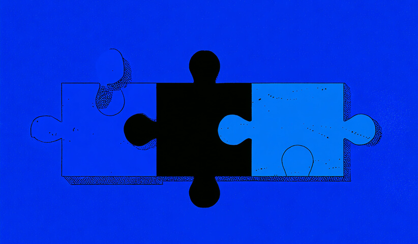 Three connected puzzle pieces in blue and black tones, representing collaboration or strategic fit.