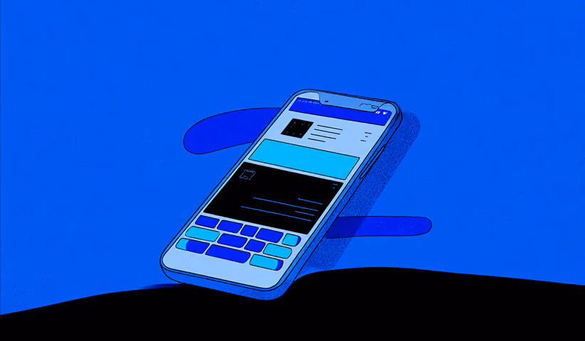 Illustration of a smartphone displaying an app interface, shown floating at an angle over a blue and black background.