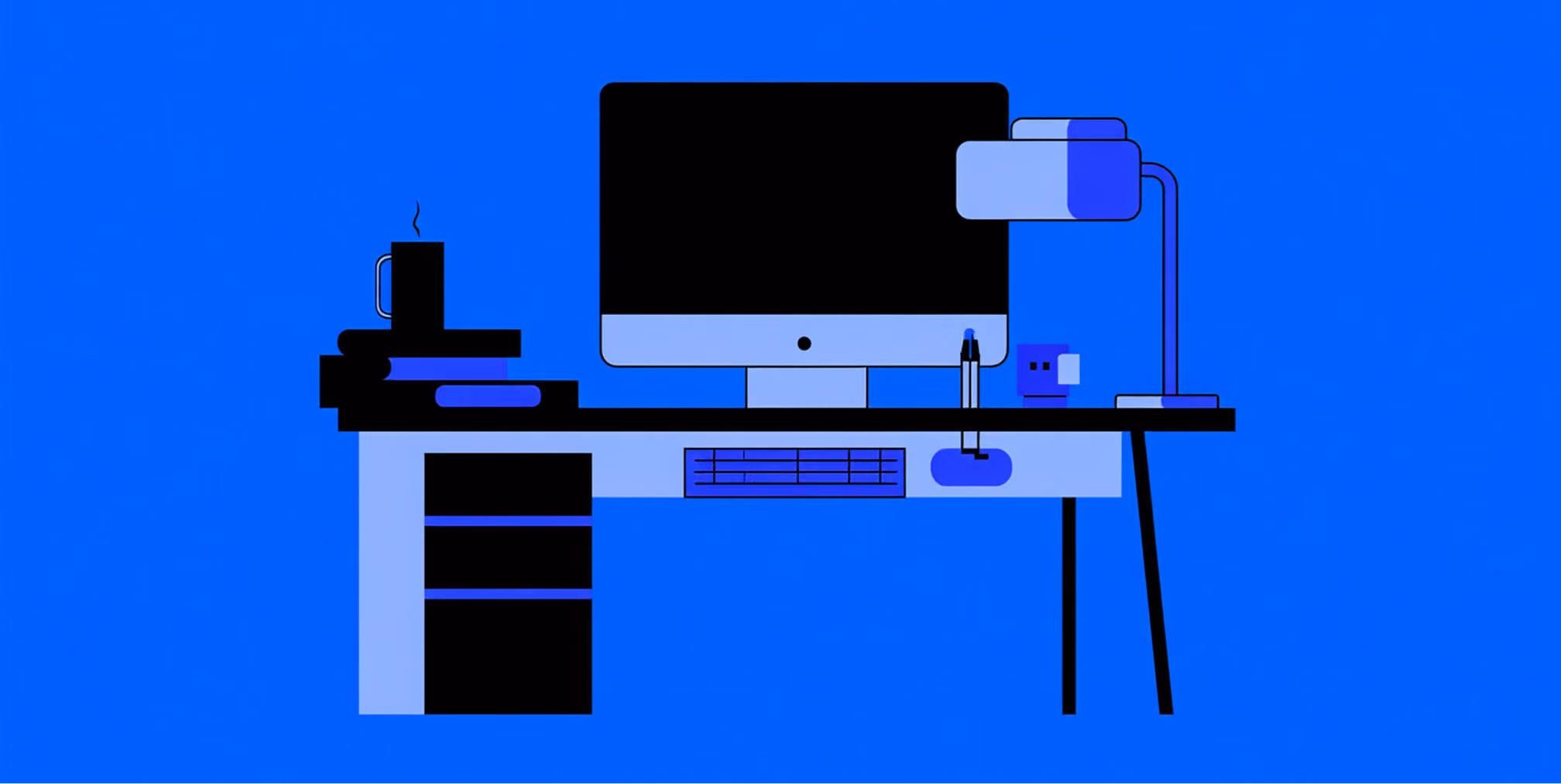Minimal blue-themed illustration of a modern workspace with a desktop computer, books, a mug, and office accessories arranged on a desk.