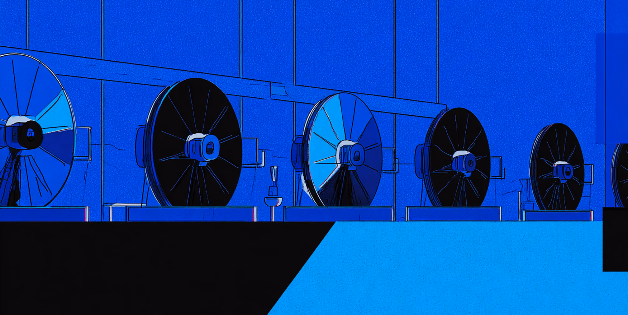 Stylized industrial illustration of multiple large circular machines aligned in a row inside a manufacturing facility, rendered in blue tones.