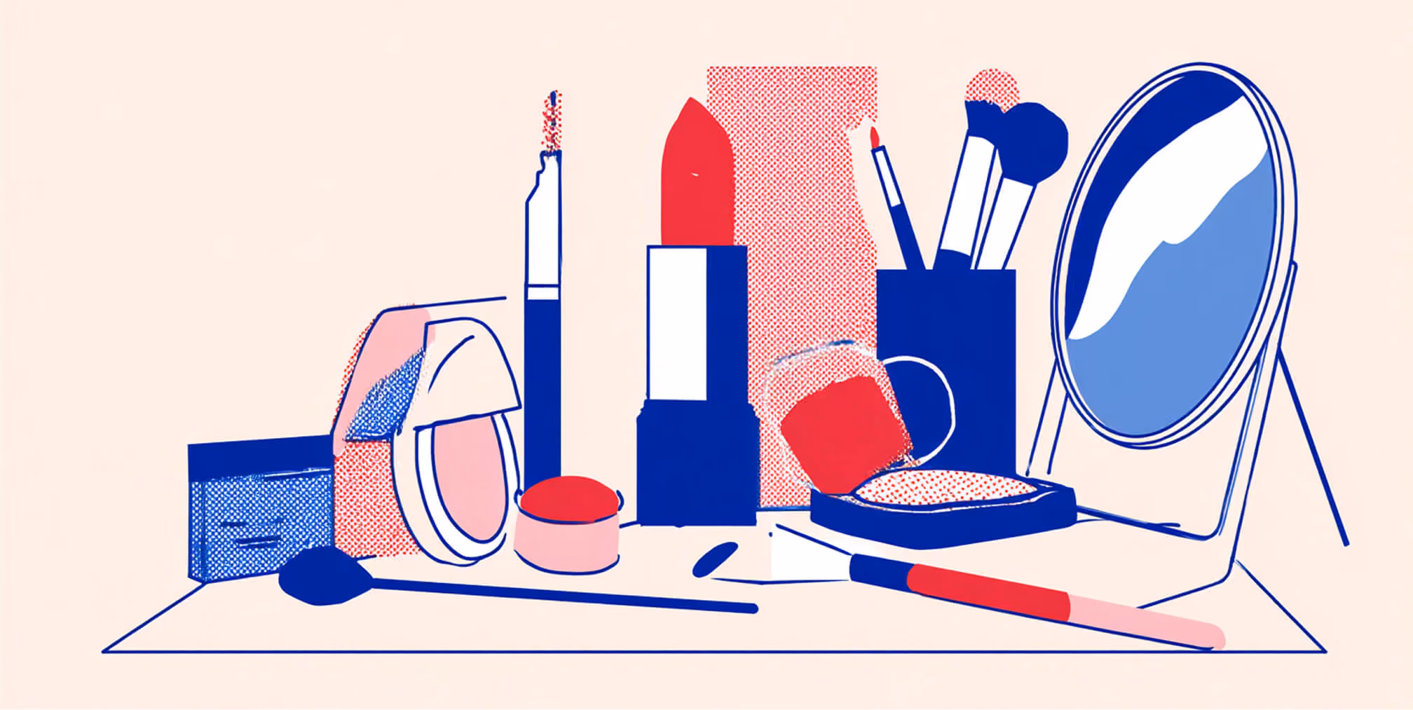 Illustrated makeup vanity with lipstick, brushes, compact powder, and mirror arranged on a tabletop in a minimal editorial style.