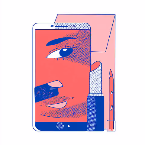 Conceptual illustration of a smartphone displaying a stylized face alongside cosmetic products, representing digital beauty shopping.