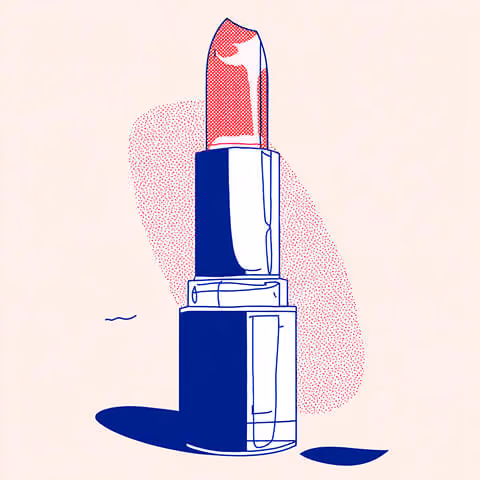 Stylized illustration of a red lipstick standing upright in a blue and cream color palette with subtle halftone texture.