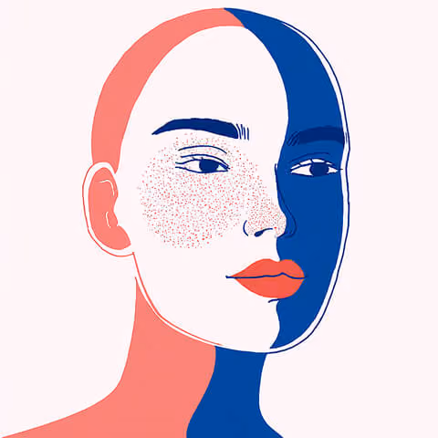 Editorial illustration of a stylized female face with split-tone blue and coral color blocking and minimal facial details.