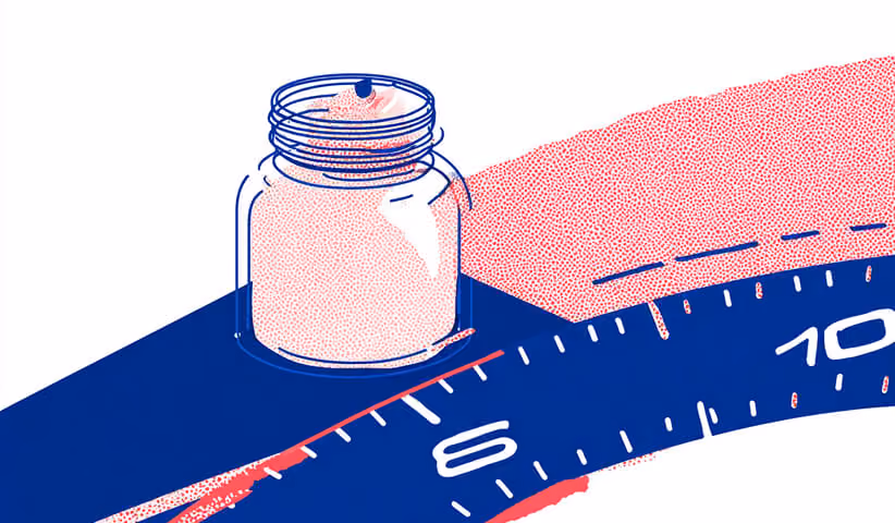 Minimal illustration of a cosmetic jar placed on a curved measurement scale, symbolizing beauty formulation and product precision.