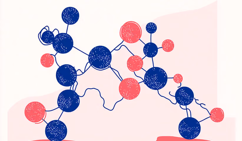 Abstract illustration of interconnected molecules in blue and coral tones, representing skincare ingredients and formulation science.