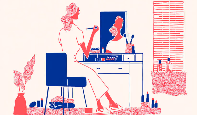 Stylized illustration of a woman applying makeup at a vanity table, surrounded by beauty products in a calm editorial setting.