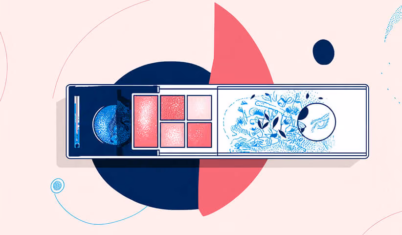 Illustrated makeup palette with multiple shades displayed in a clean, geometric layout with bold color contrasts.