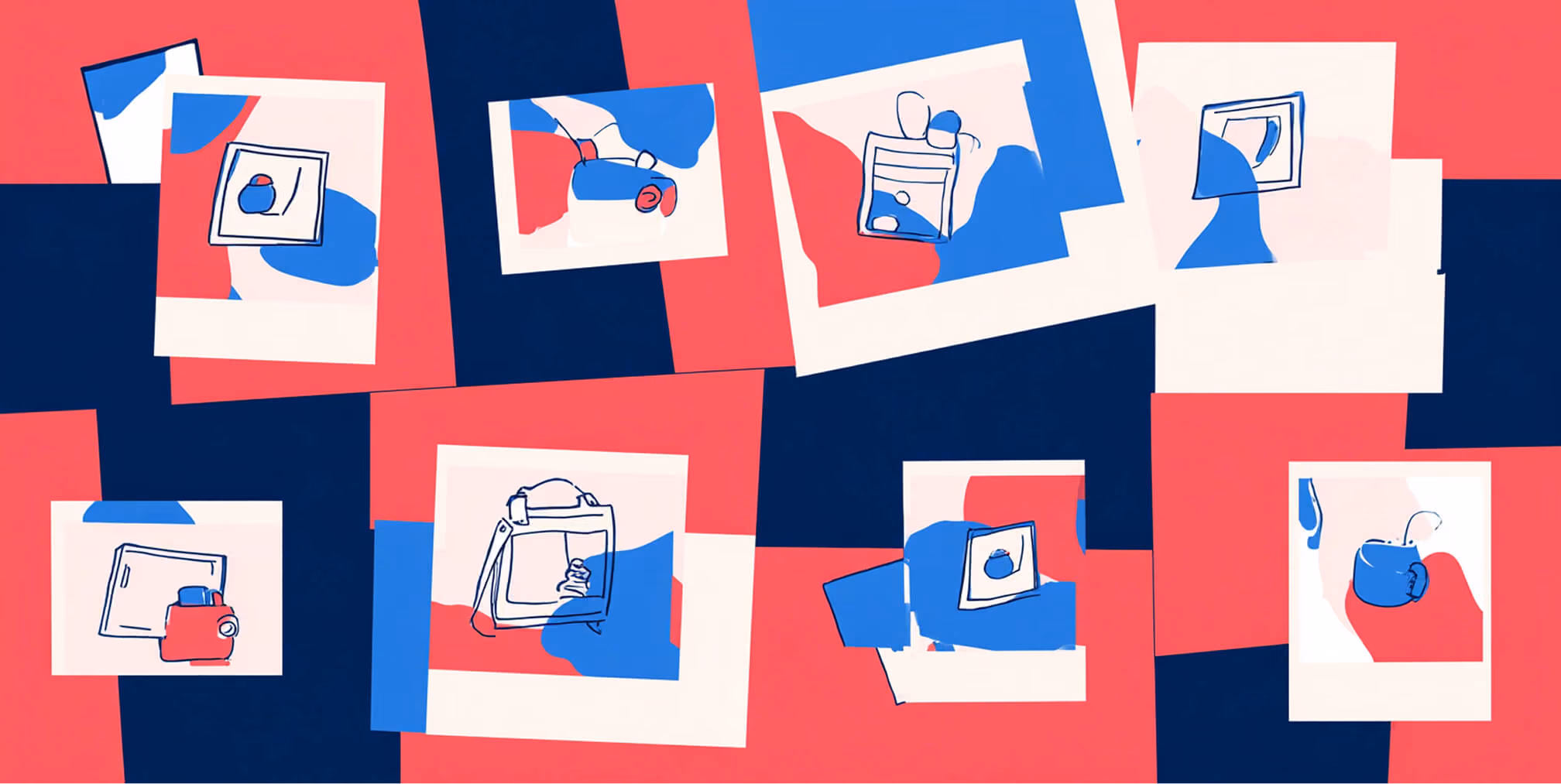 Editorial collage of Polaroid-style frames featuring abstract beauty products and lifestyle details in red and blue tones.