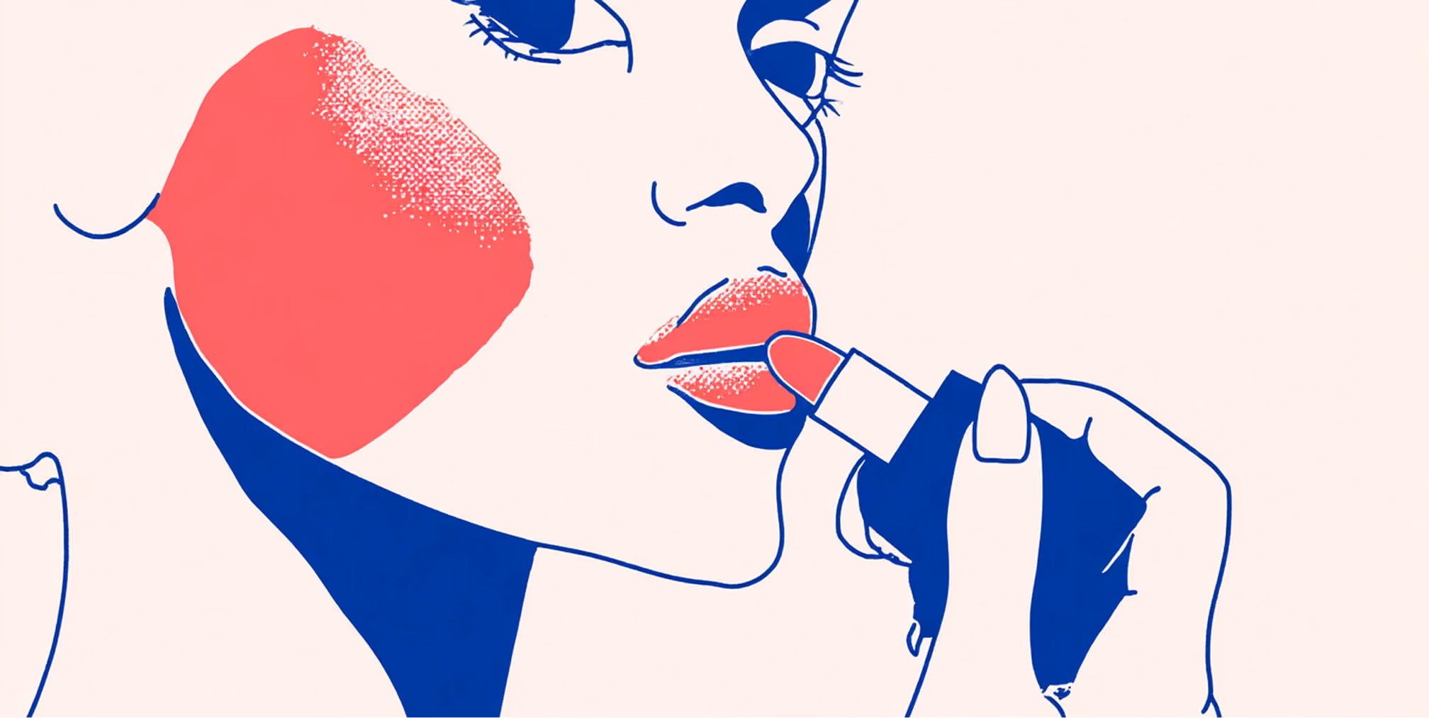 Minimal editorial illustration of a woman applying lipstick, with bold line work and a limited red and blue color palette.