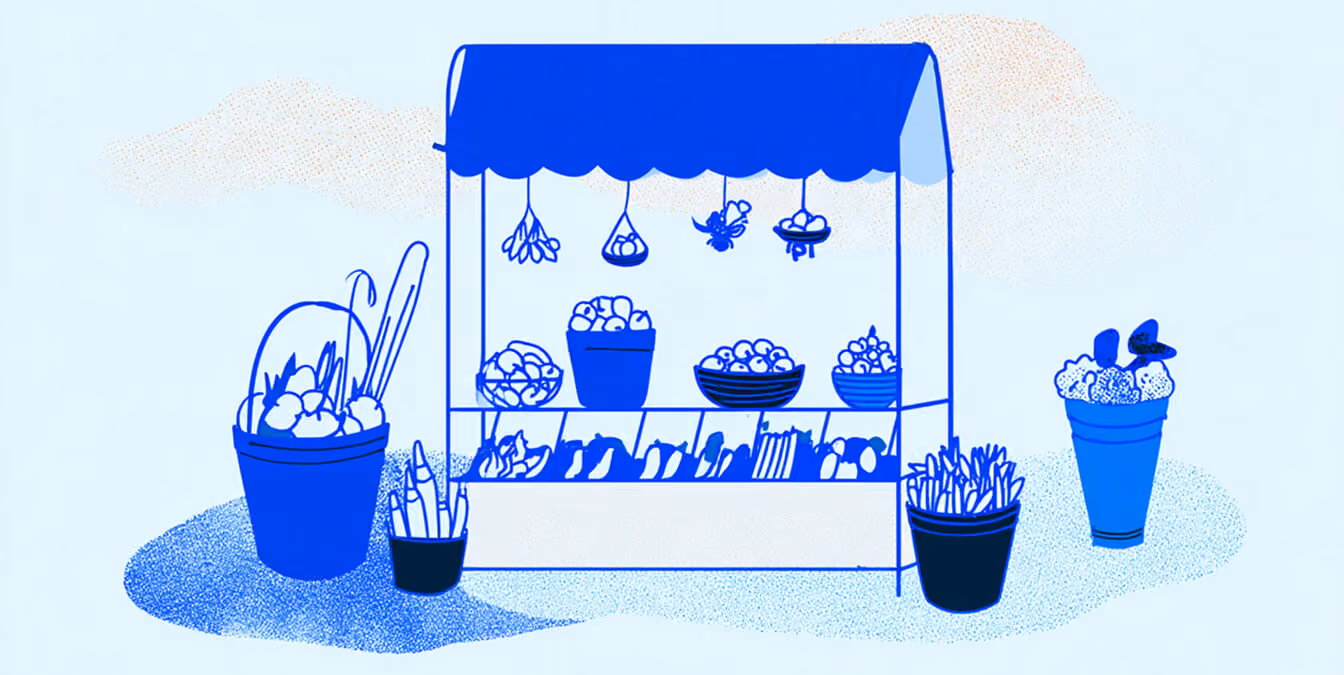 Illustrated outdoor produce stand displaying baskets of fruits and vegetables under a blue canopy.