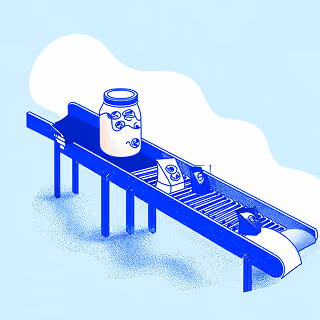 Conveyor belt illustration showing packaged food jars moving through a production line.
