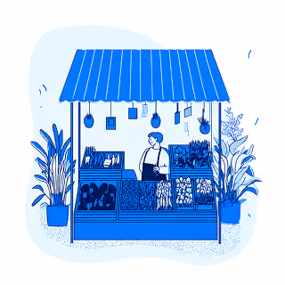 Small market stall illustration with a vendor selling fresh produce and plants.