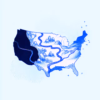 Stylized map of the United States with rivers and regions highlighted to represent distribution or sourcing.