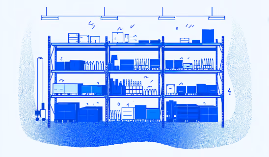 Warehouse shelving illustration stocked with boxes and bottled products under overhead lights.