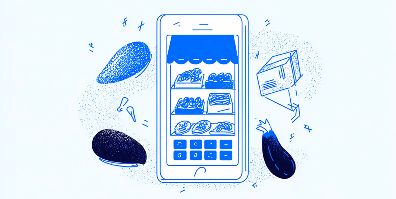 Smartphone illustration showing a mobile food storefront, surrounded by floating food items and packaging.