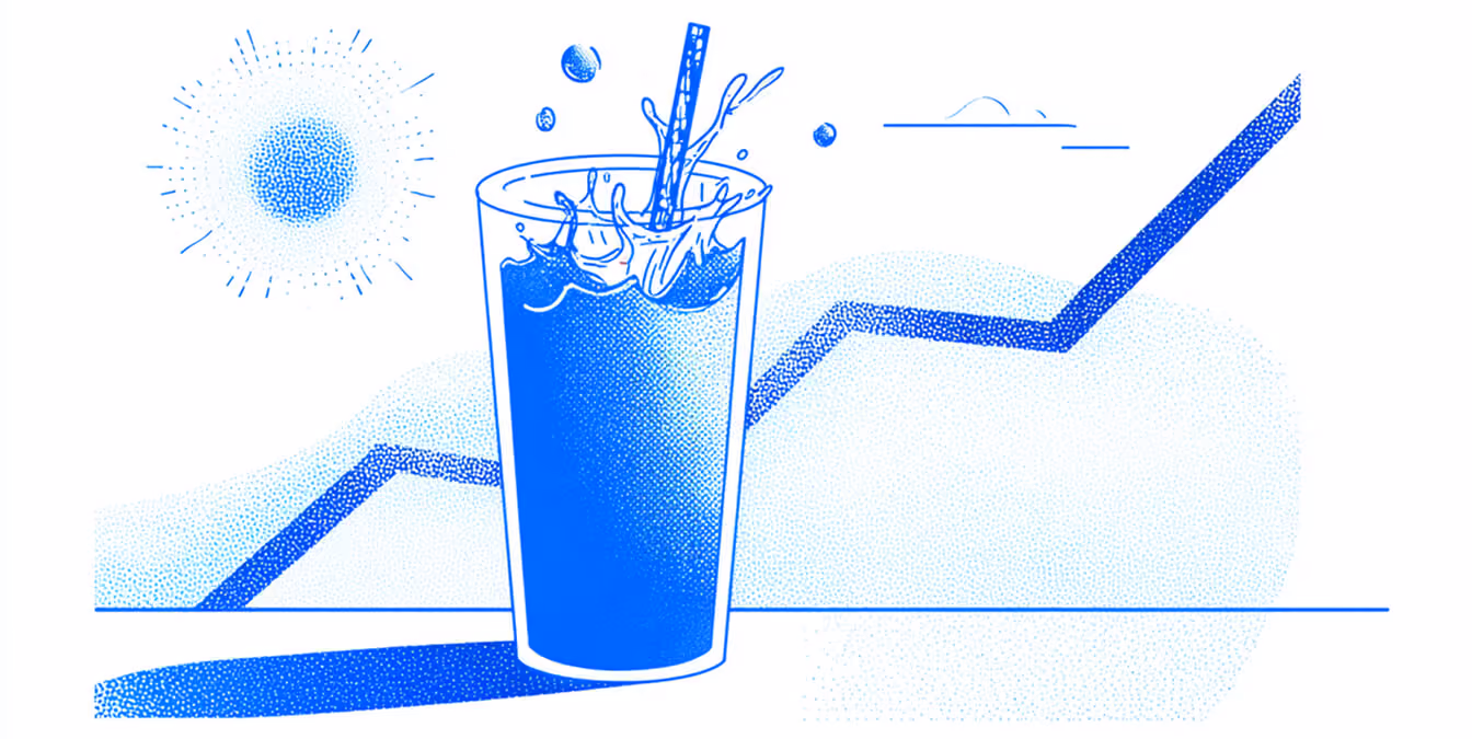 Glass of beverage illustration with a straw and upward-trending line graph, representing growth in food or drink sales.