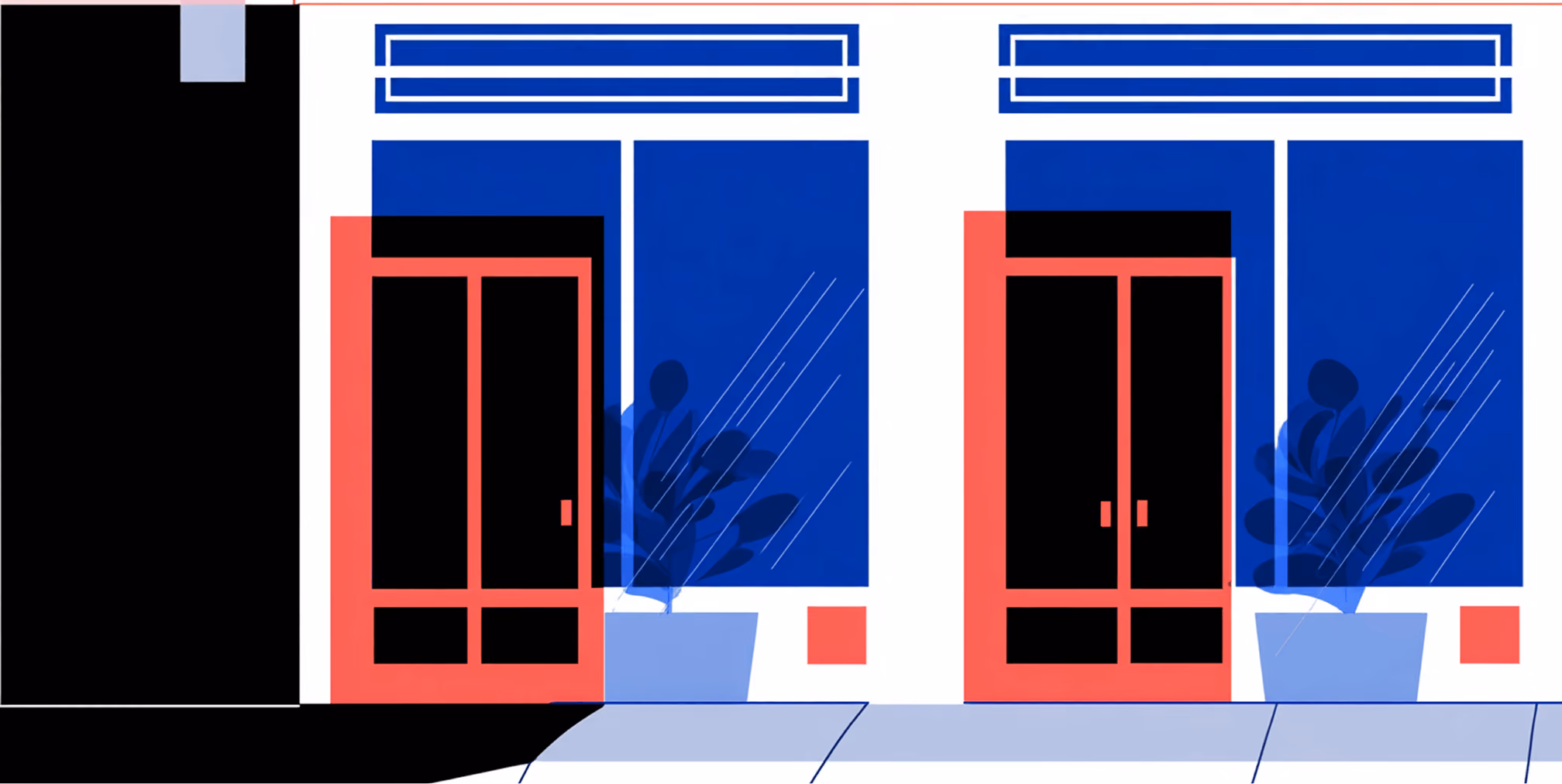 Illustration of modern commercial storefronts with bold blue windows and red doors, representing B2B retail and wholesale environments.