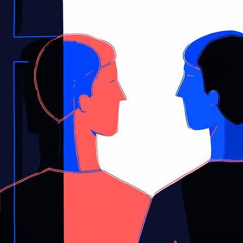 Two abstract human profiles facing each other in contrasting blue and red tones, symbolizing B2B relationships and buyer–seller interaction.
