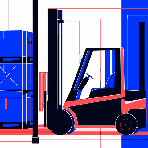 Stylized forklift lifting stacked pallets inside a warehouse, representing B2B logistics and bulk inventory handling.