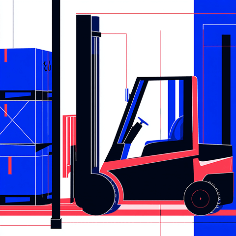 Stylized forklift lifting stacked pallets inside a warehouse, representing B2B logistics and bulk inventory handling.