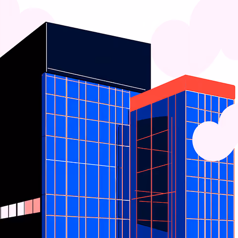 Tall modern office buildings in blue and red tones, symbolizing enterprise businesses and corporate commerce.