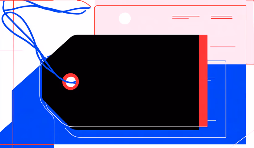 Minimal price tag illustration layered over interface-style shapes, representing B2B pricing structures and negotiated rates.