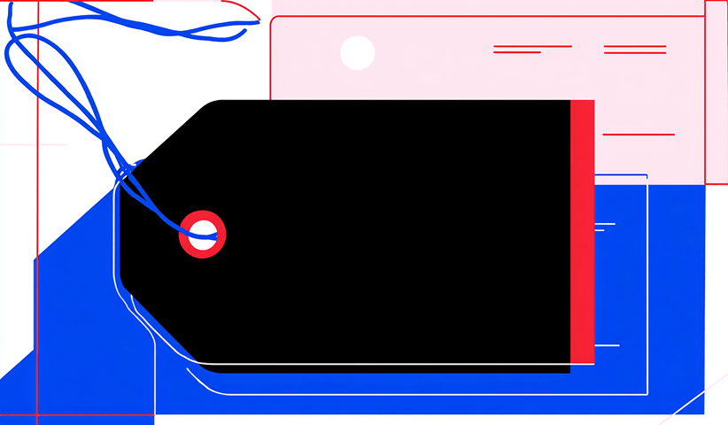 Minimal price tag illustration layered over interface-style shapes, representing B2B pricing structures and negotiated rates.