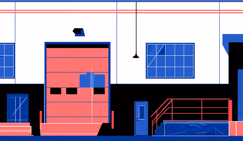 Industrial warehouse exterior with loading dock, garage doors, and stairs, illustrating B2B fulfillment operations.