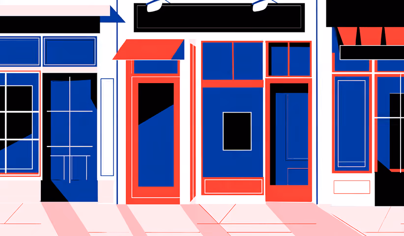 Row of bold storefront facades in blue, red, and black, representing multi-location B2B sales channels.
