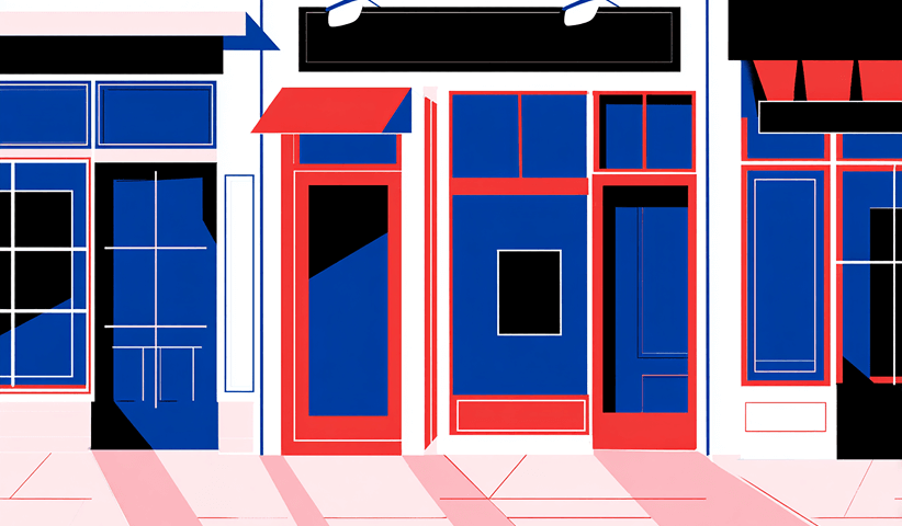 Row of bold storefront facades in blue, red, and black, representing multi-location B2B sales channels.
