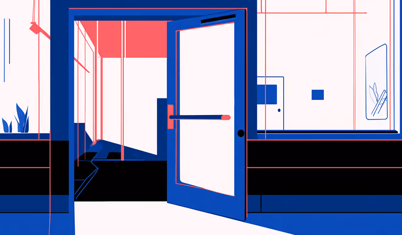 Open commercial door leading into a clean interior space, symbolizing streamlined B2B onboarding and account access.
