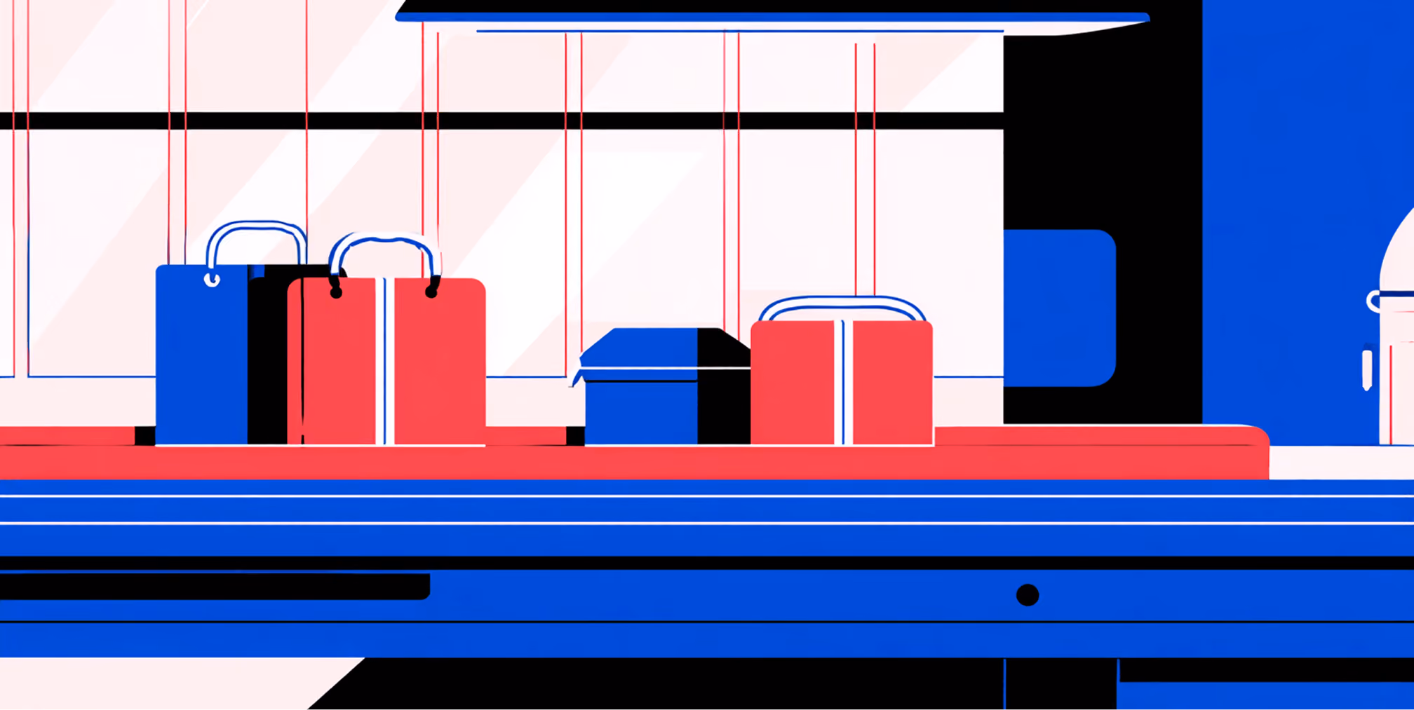 Conveyor belt carrying shopping bags and packages, illustrating B2B order processing and fulfillment workflows.